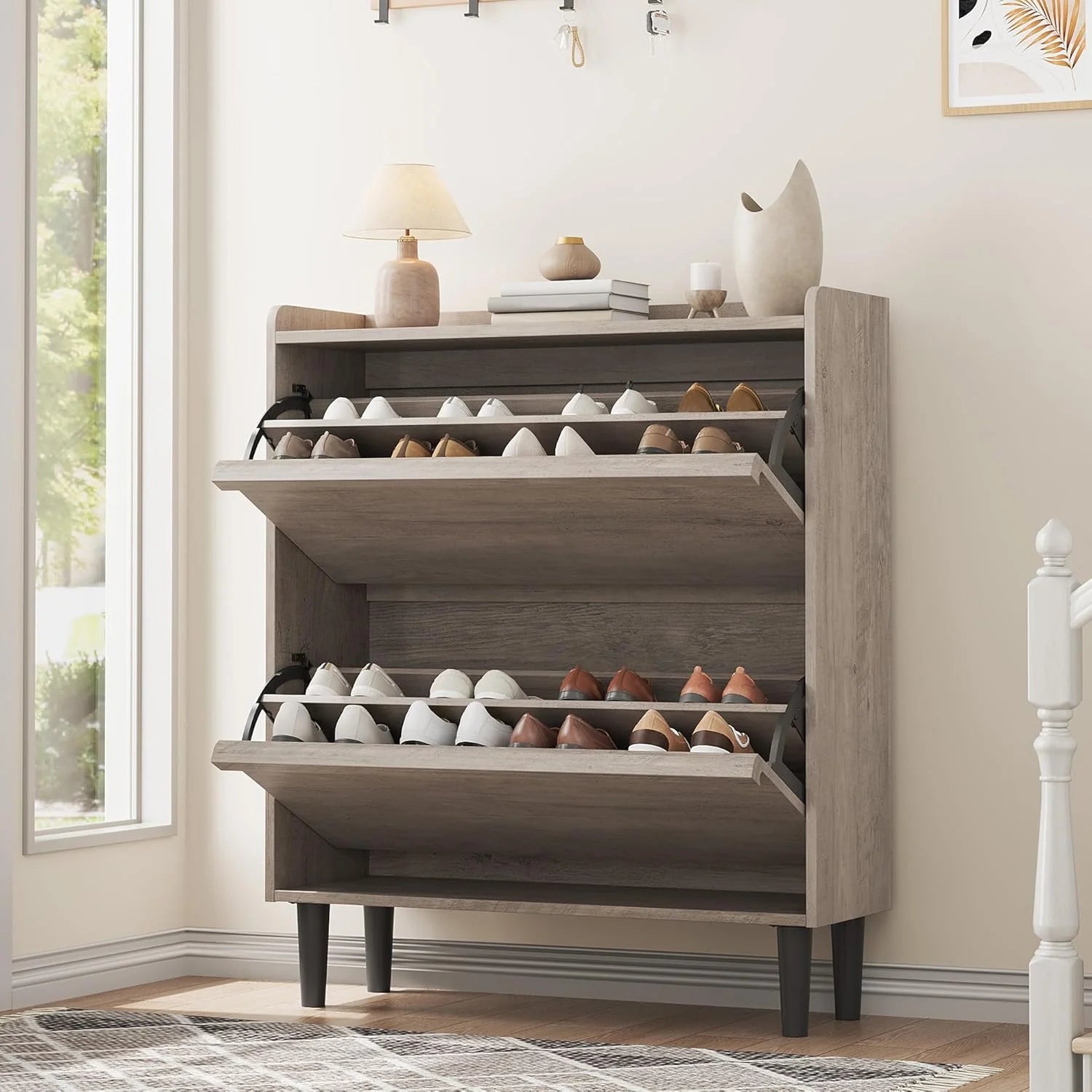 GarveeHome Shoe Cabinet with 3 Flip Drawers Wooden Shoe Organizer Cabinet Shoe Storage Hidden