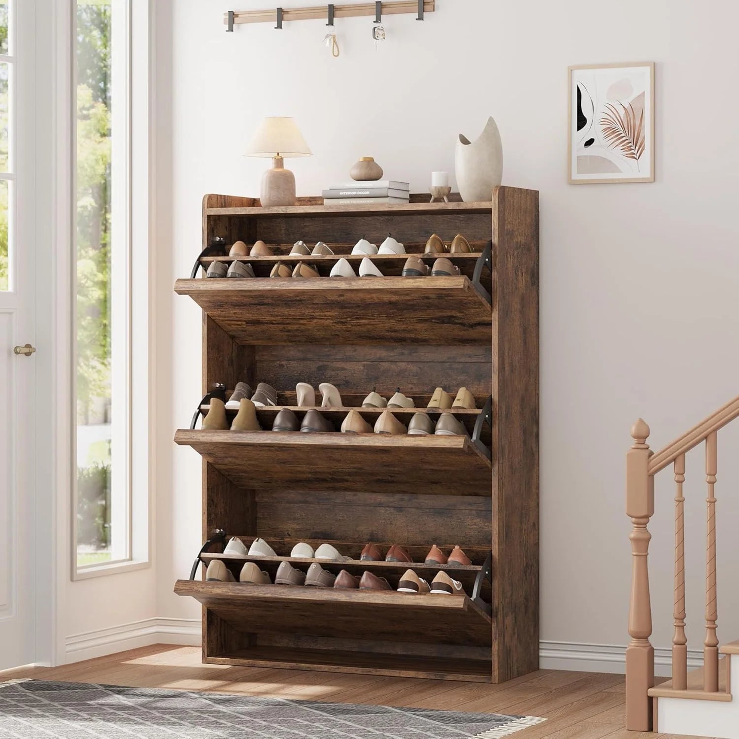 GarveeHome Shoe Cabinet with 3 Flip Drawers Wooden Shoe Organizer Cabinet Shoe Storage Hidden