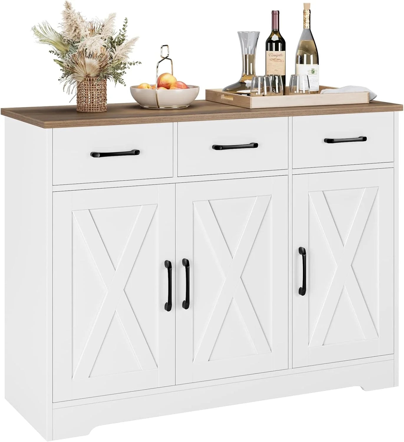 HOSTACK Modern Farmhouse Sideboard Buffet Cabinet Barn Doors Buffet Storage Cabinet with Drawers