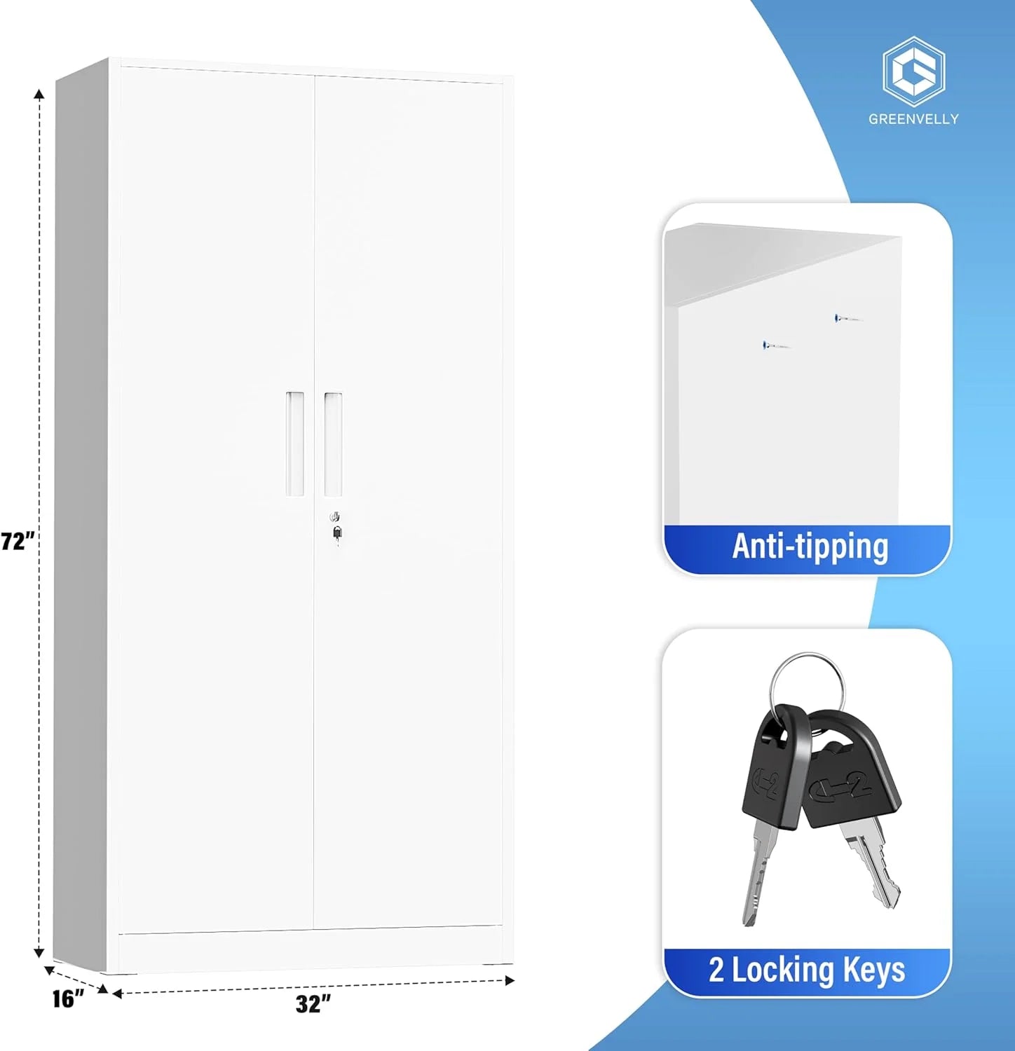 Greenvelly Metal Storage Cabinet, 72" Black Locking Metal Cabinet with 2 Doors and 4 Adjustable Shelves, Lockable Garage Storage Cabinets for Home Office, Garage, Kitchen, Living Room