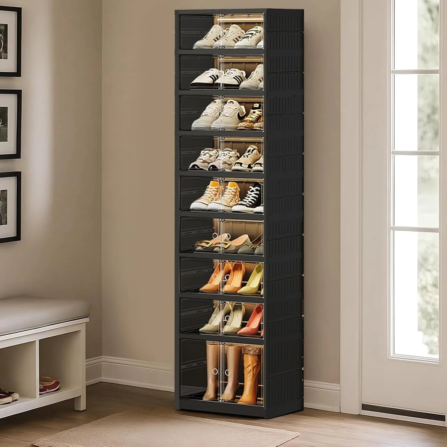 Foldable Shoe Rack Storage Rack 9-Tier - 36 Double Foldable Shoe Cabinet with Doors