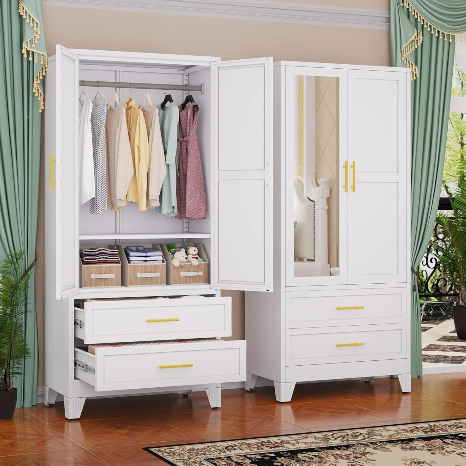 Steel Armoire Wardrobe Closet, 71" Metal Clothing Storage Cabinets