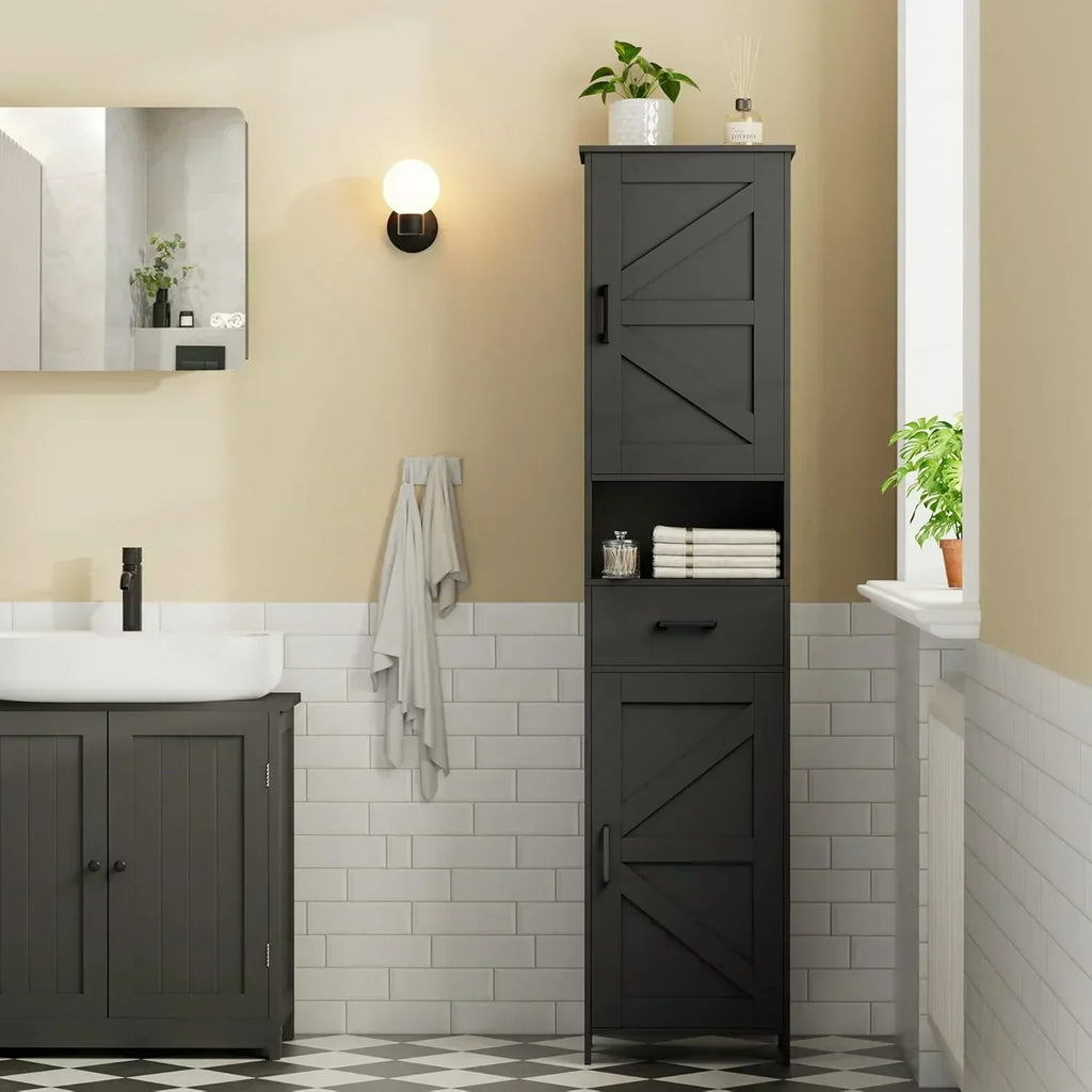 Homhedy 67" H Tall Bathroom Storage Cabinet with 2 Barn Doors and 1 Drawer Narrow Storage Unit