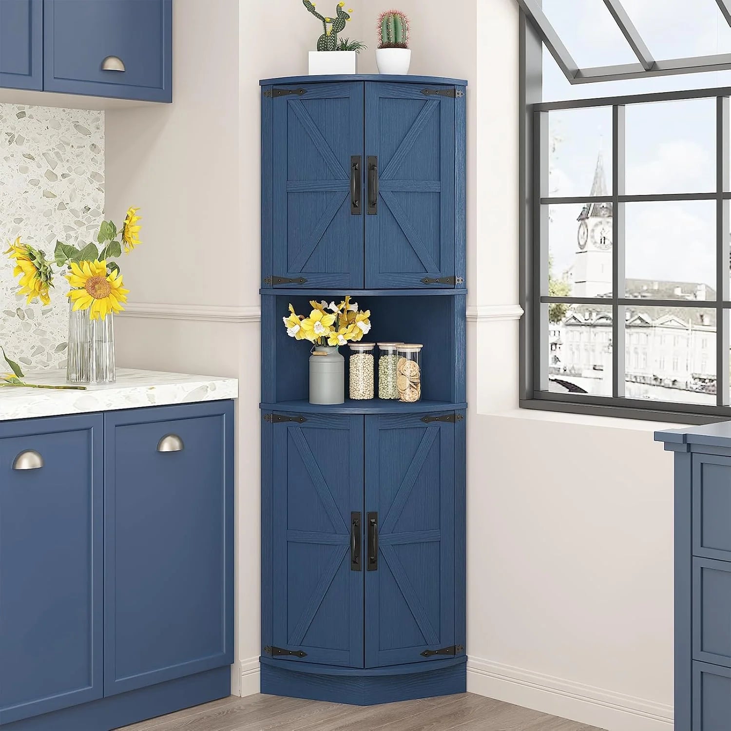 Vabches 64.8" Tall Farmhouse Corner Cabinet Farmhouse Storage Cabinet with Barn Door Design