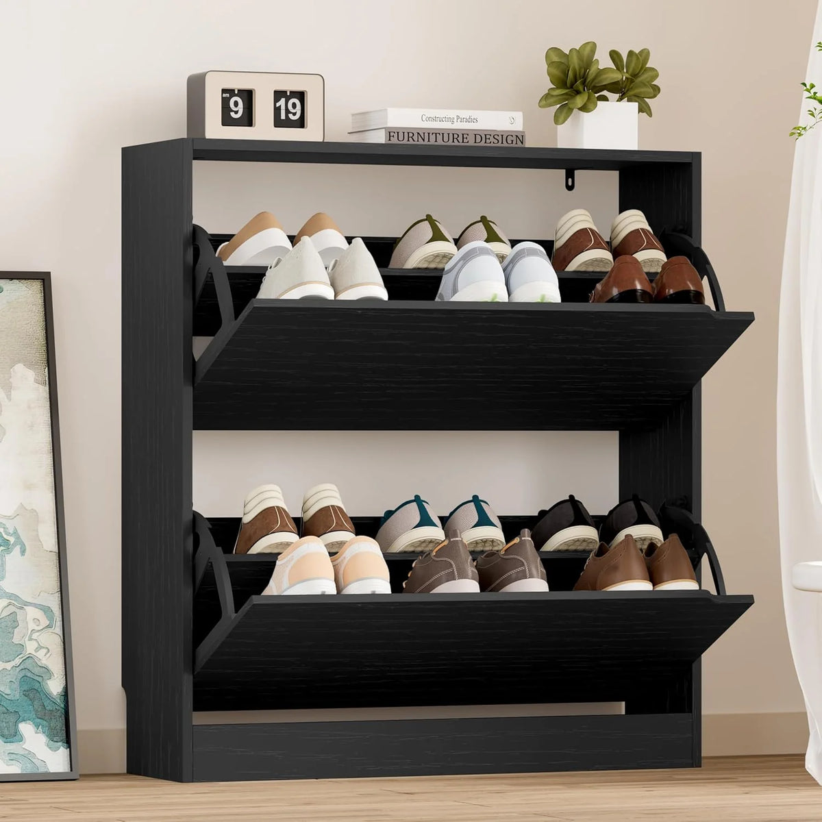 Shoe Cabinet with 3 Flip Drawers Hidden Wood Shoe Cabinet Freestanding Shoe Storage Cabinet