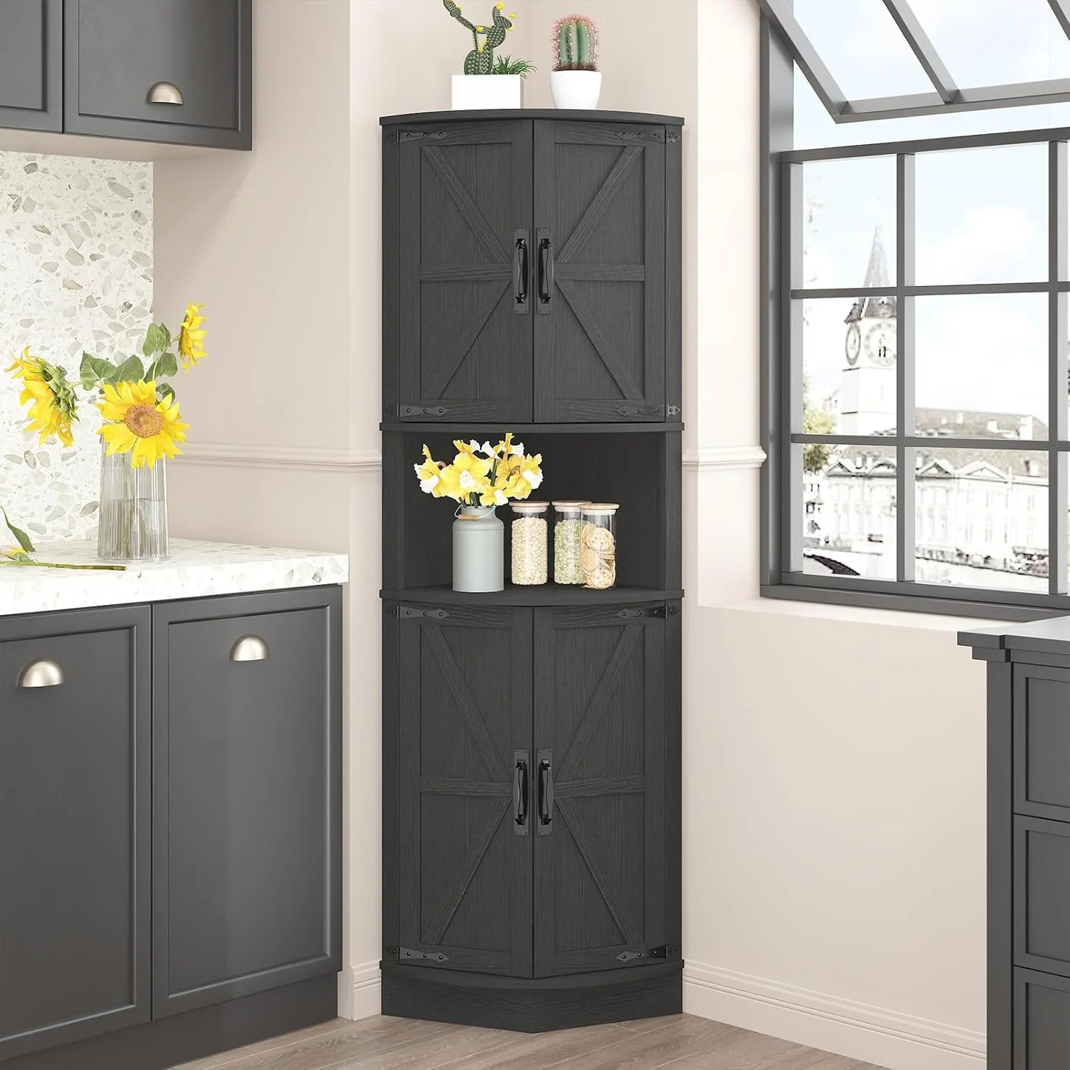 Vabches 64.8" Tall Farmhouse Corner Cabinet Farmhouse Storage Cabinet with Barn Door Design
