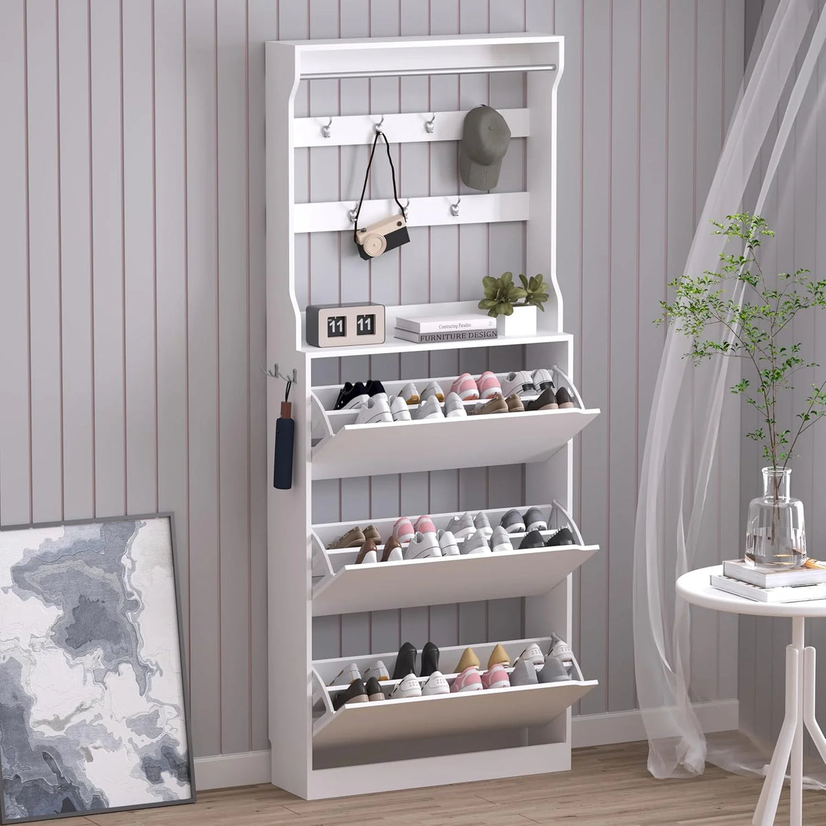 Shoe Cabinet with 3 Flip Drawers, Hidden Wood Shoe Cabinet,Freestanding Shoe Storage Cabinet