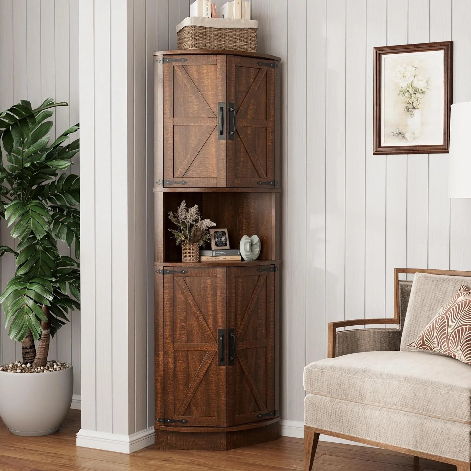Vabches 64.8" Tall Farmhouse Corner Cabinet Farmhouse Storage Cabinet with Barn Door Design