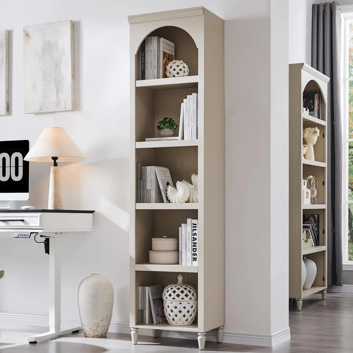 IFGET 76" Tall Arched Bookcase Farmhouse 5 Tiers Large Arched Bookshelf Cabinet Adjustable Shelves
