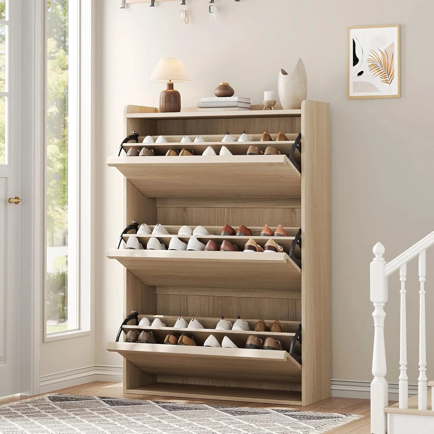 GarveeHome Shoe Cabinet with 3 Flip Drawers Wooden Shoe Organizer Cabinet Shoe Storage Hidden