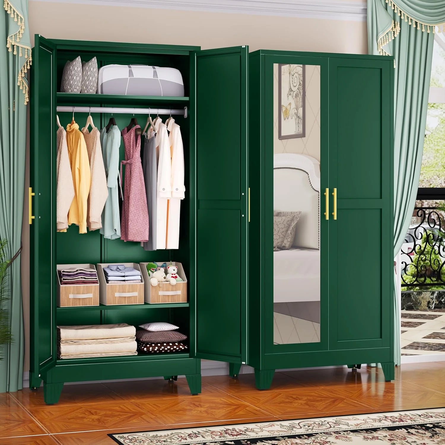 Steel Armoire Wardrobe Closet, 71" Metal Clothing Storage Cabinets