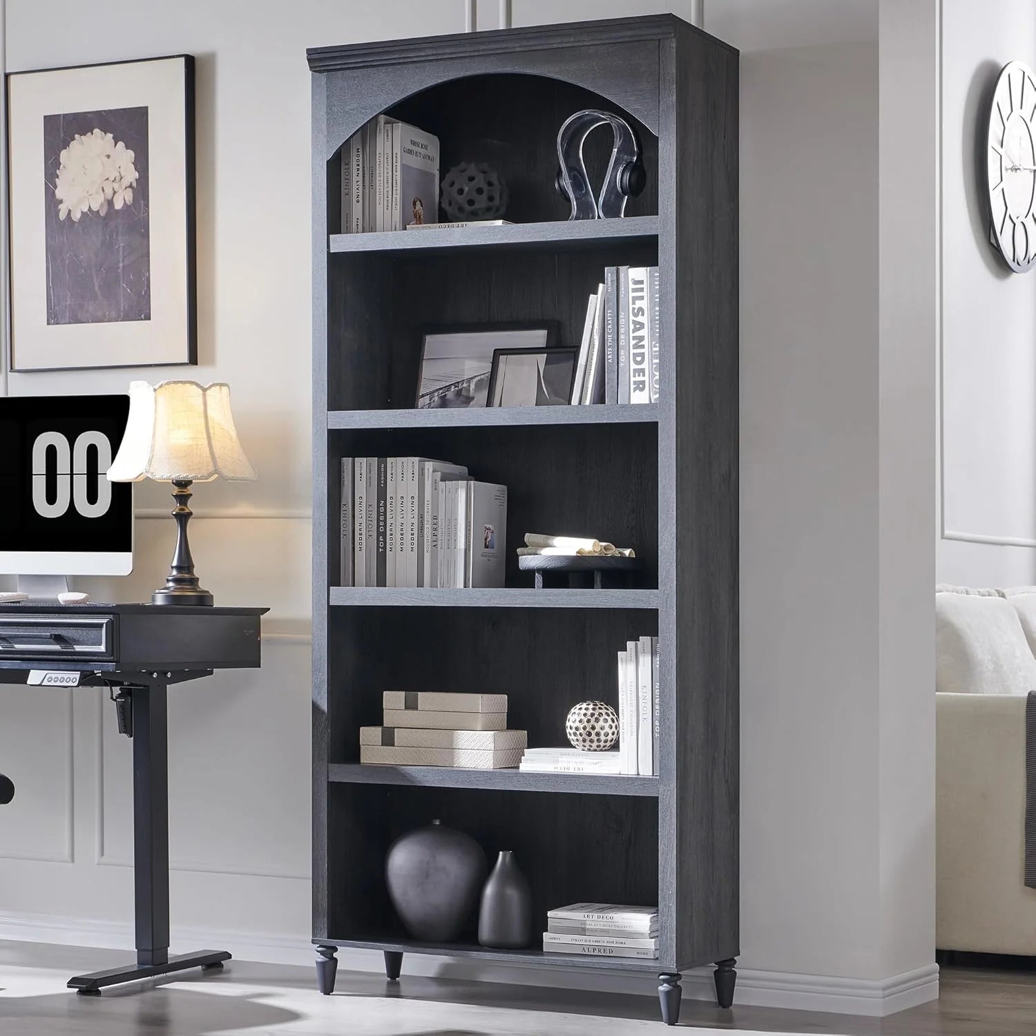 IFGET 76" Tall Arched Bookcase Farmhouse 5 Tiers Large Arched Bookshelf Cabinet Adjustable Shelves