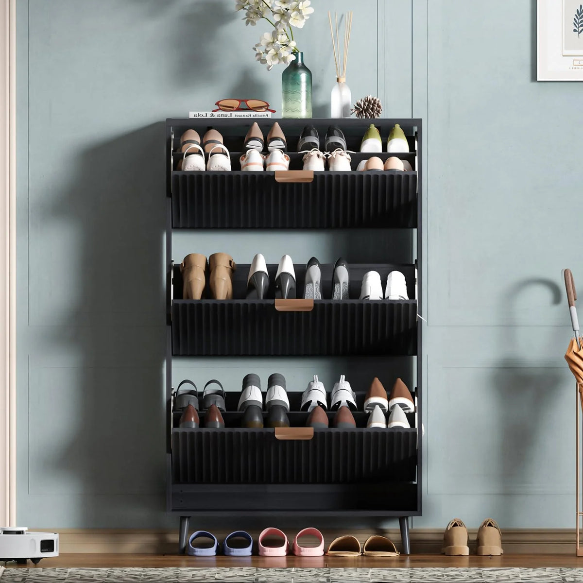Shoe Cabinet Storage Modern Freestanding Organizer with 2 Flip Drawers Narrow Shoe Rack Cabinet