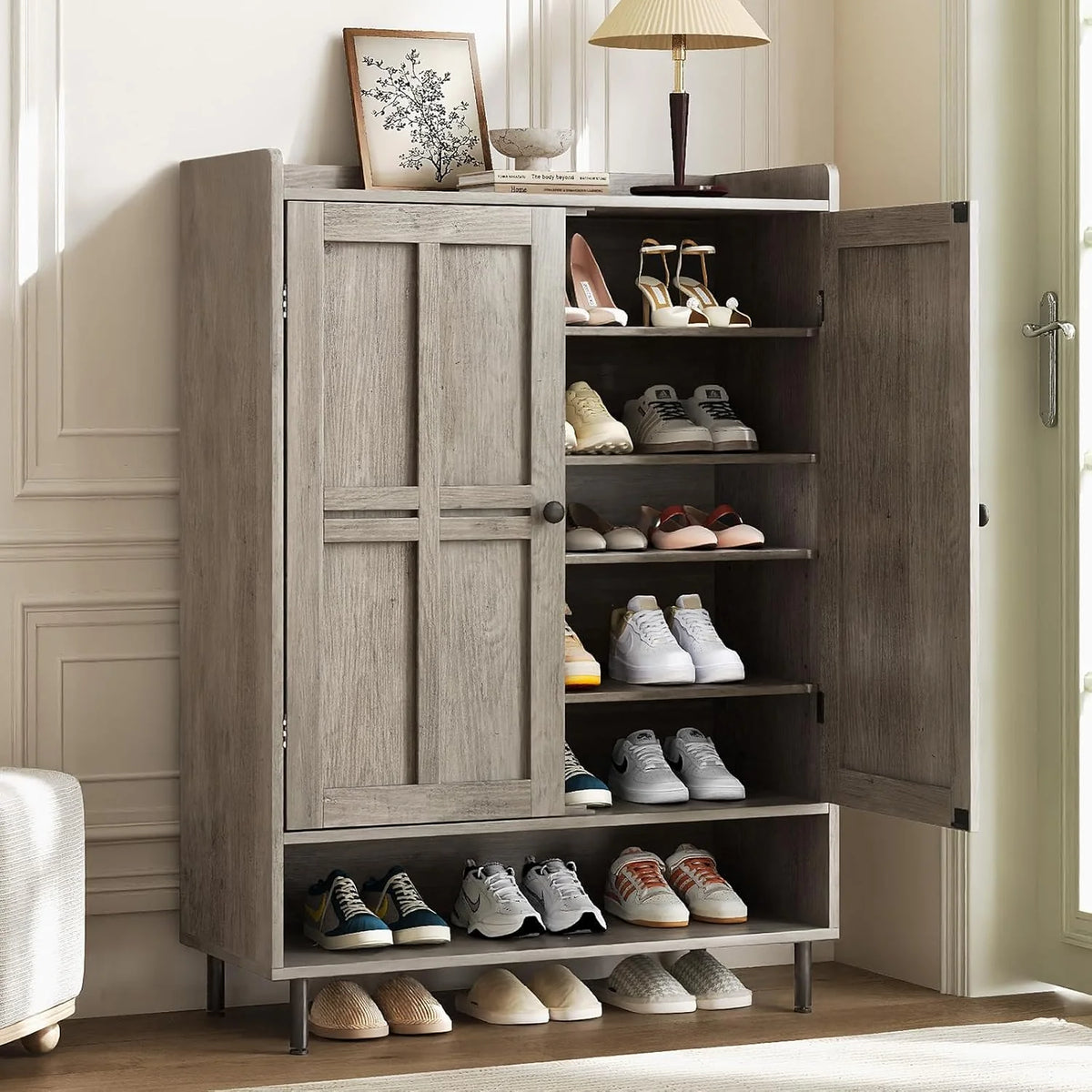 Black 7+1 Tier Farmhouse Shoe Storage Cabinet - 45" Tall Entryway Organizer