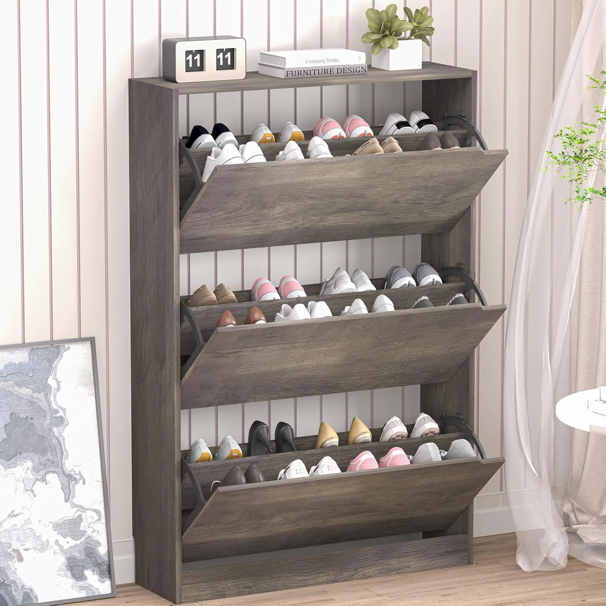 Shoe Cabinet with 3 Flip Drawers Hidden Wood Shoe Cabinet Freestanding Shoe Storage Cabinet