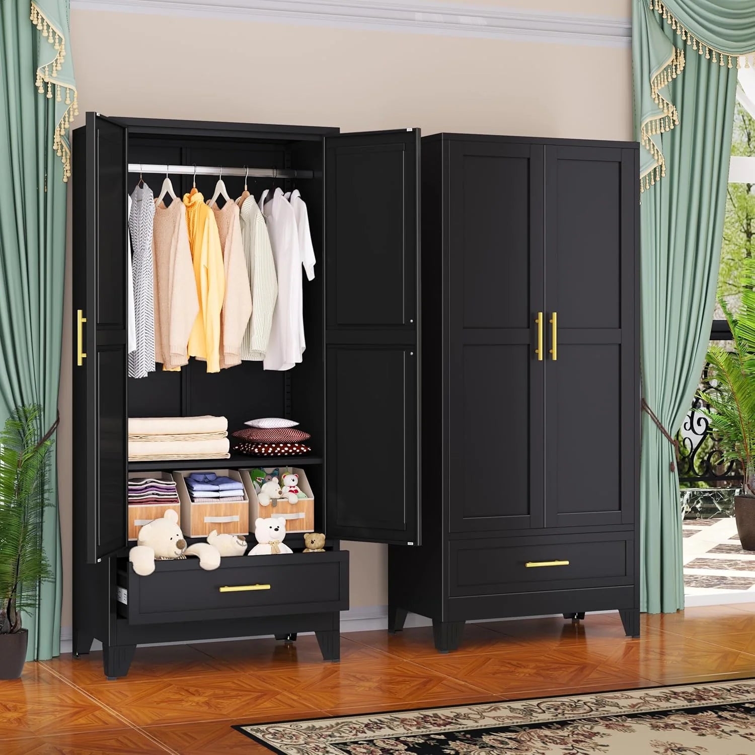 Steel Armoire Wardrobe Closet, 71" Metal Clothing Storage Cabinets