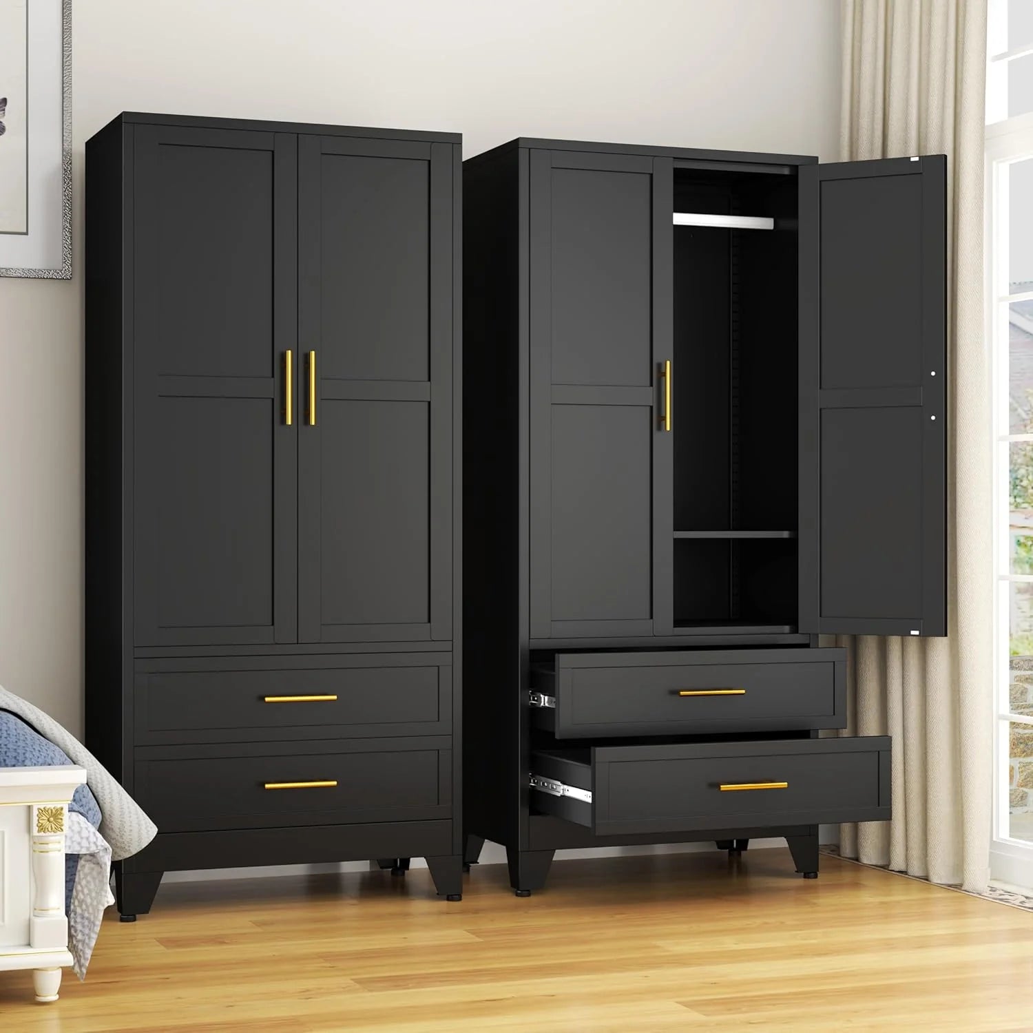 Steel Armoire Wardrobe Closet, 71" Metal Clothing Storage Cabinets