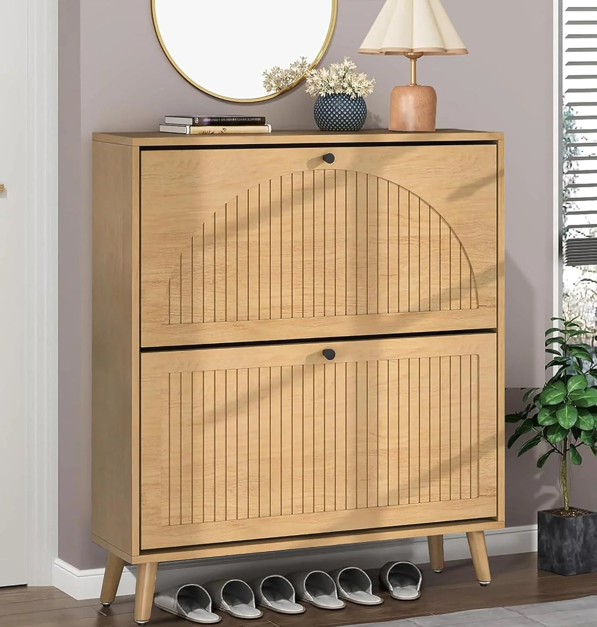 Shoe Storage Cabinet for Entryway with 2 Flip Drawers Narrow Wood Shoe Cabinet with Fluted Panel