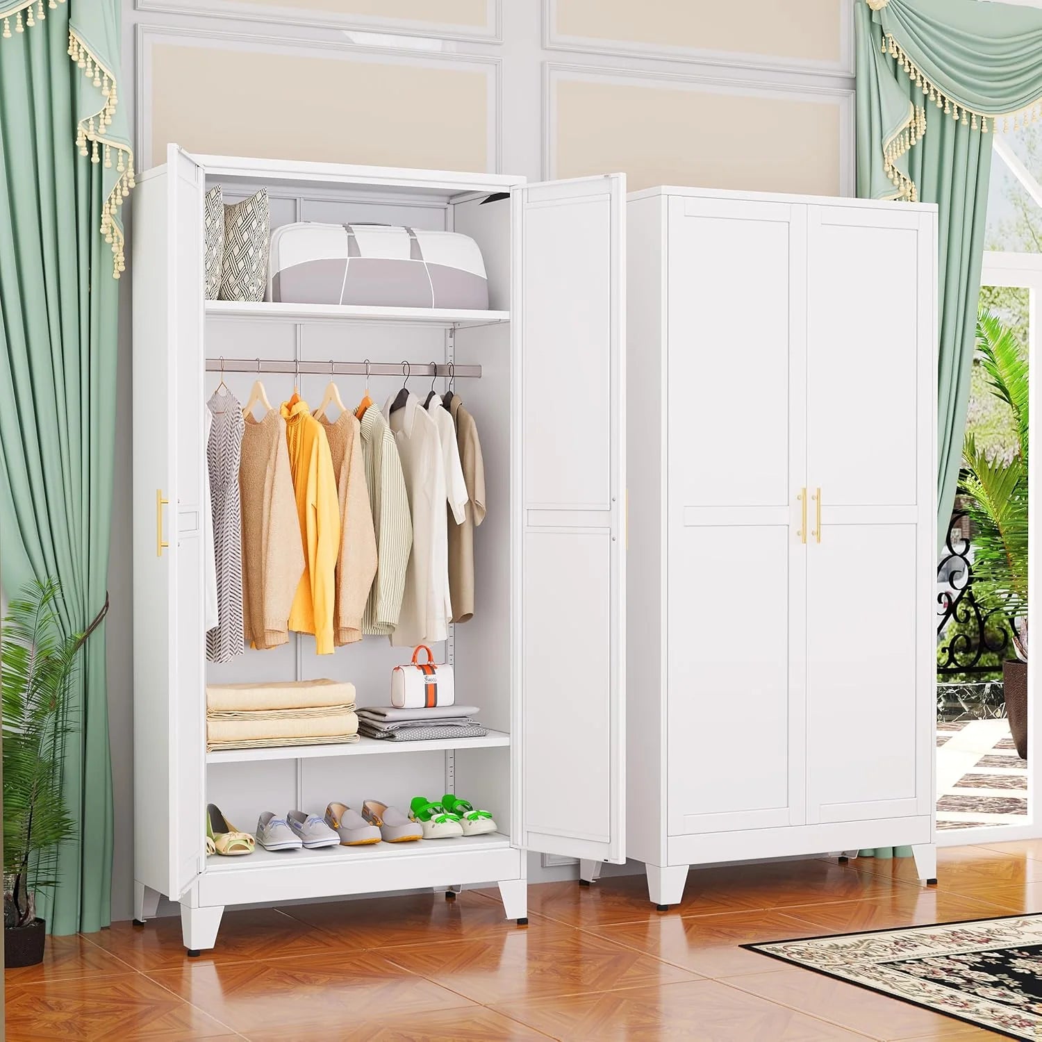 Steel Armoire Wardrobe Closet, 71" Metal Clothing Storage Cabinets