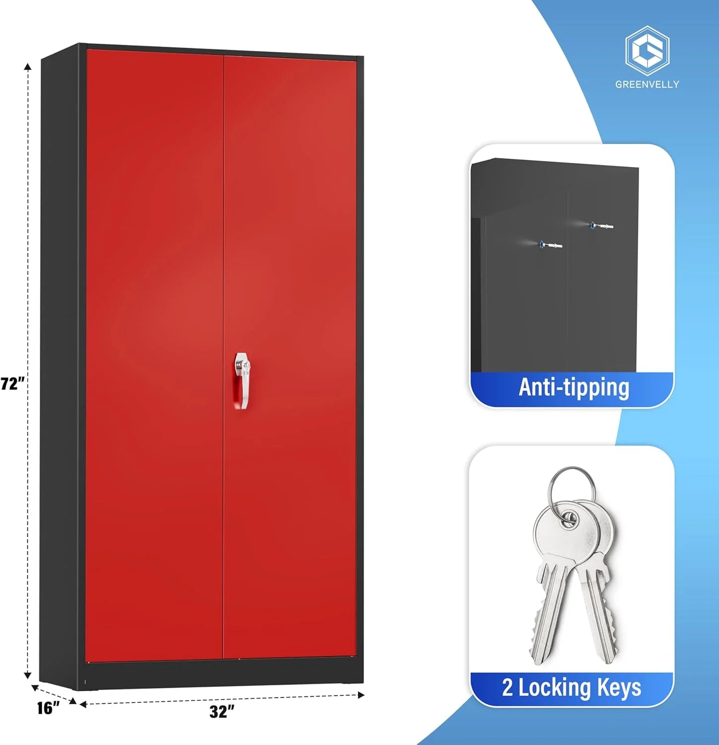 Greenvelly Metal Storage Cabinet, 72" Black Locking Metal Cabinet with 2 Doors and 4 Adjustable Shelves, Lockable Garage Storage Cabinets for Home Office, Garage, Kitchen, Living Room