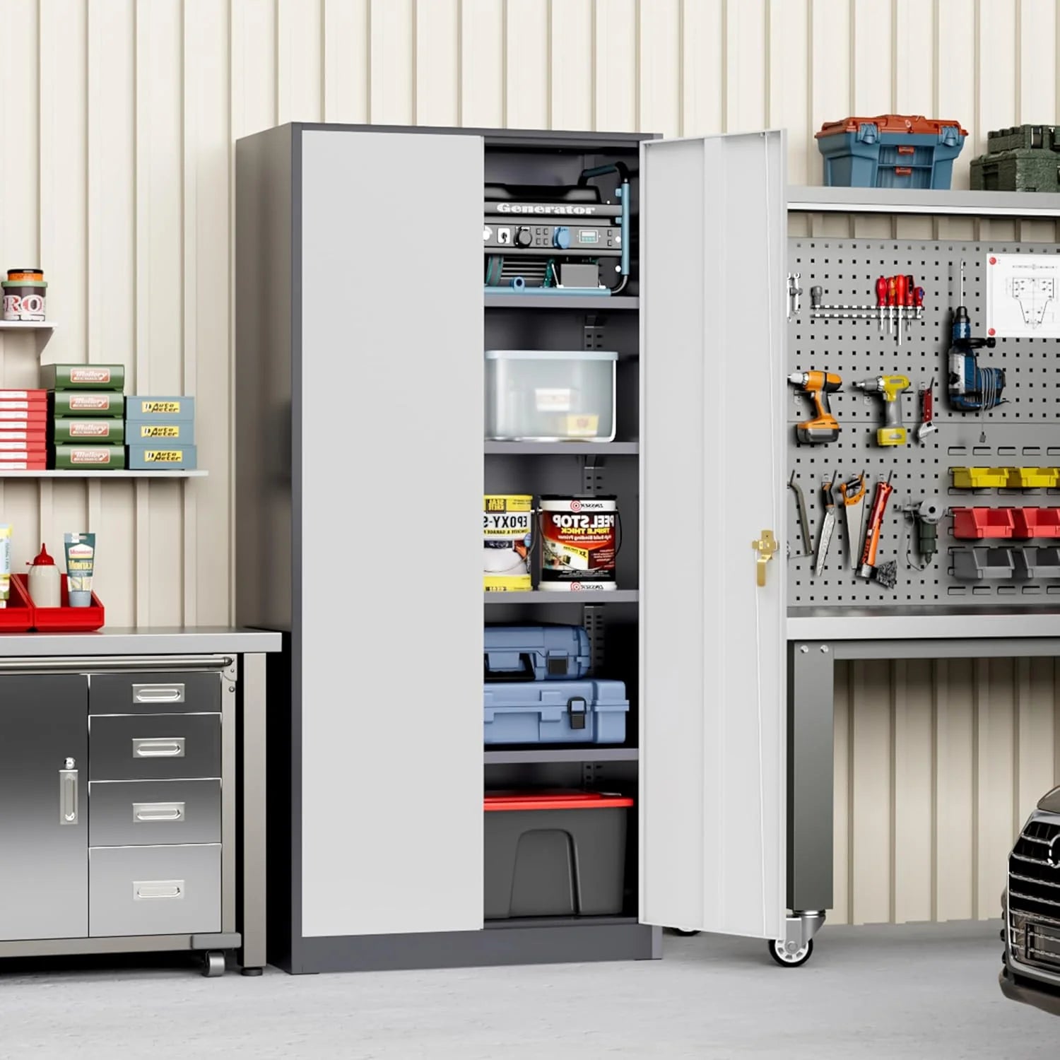 Greenvelly Metal Storage Cabinet, 72" Black Locking Metal Cabinet with 2 Doors and 4 Adjustable Shelves, Lockable Garage Storage Cabinets for Home Office, Garage, Kitchen, Living Room