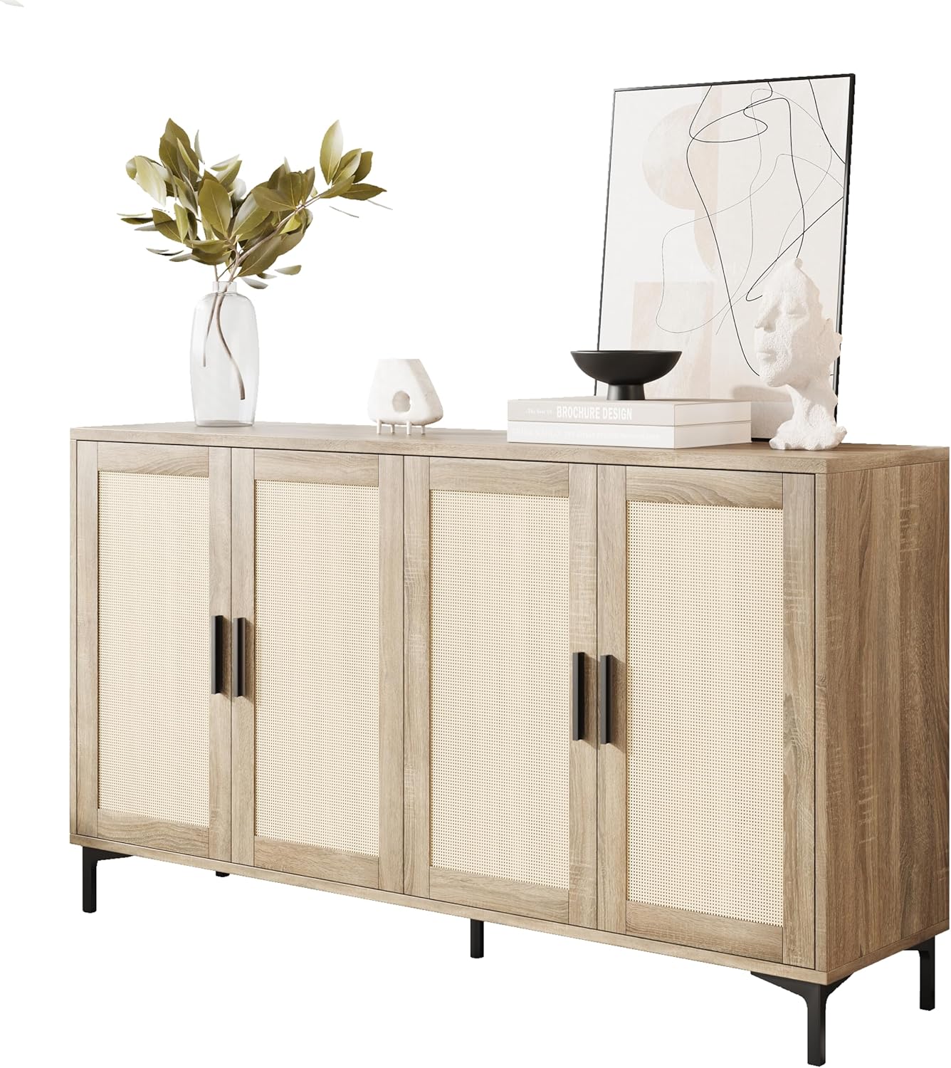 JASIWAY Buffet Cabinet with Storage 48" Rattan Sideboard Adjustable Shelves Modern Coffee Bar