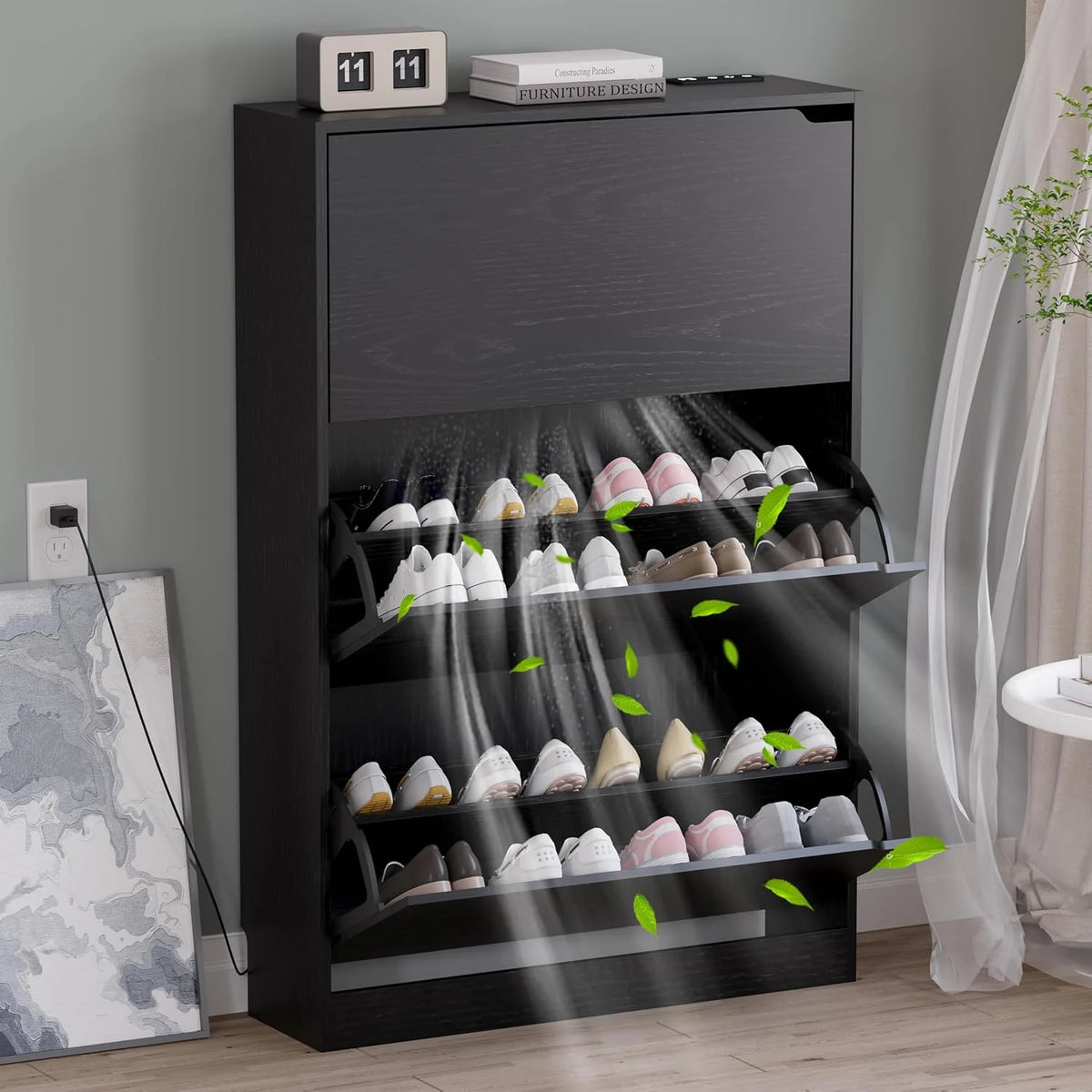 Shoe Cabinet with 3 Flip Drawers, Hidden Wood Shoe Cabinet,Freestanding Shoe Storage Cabinet