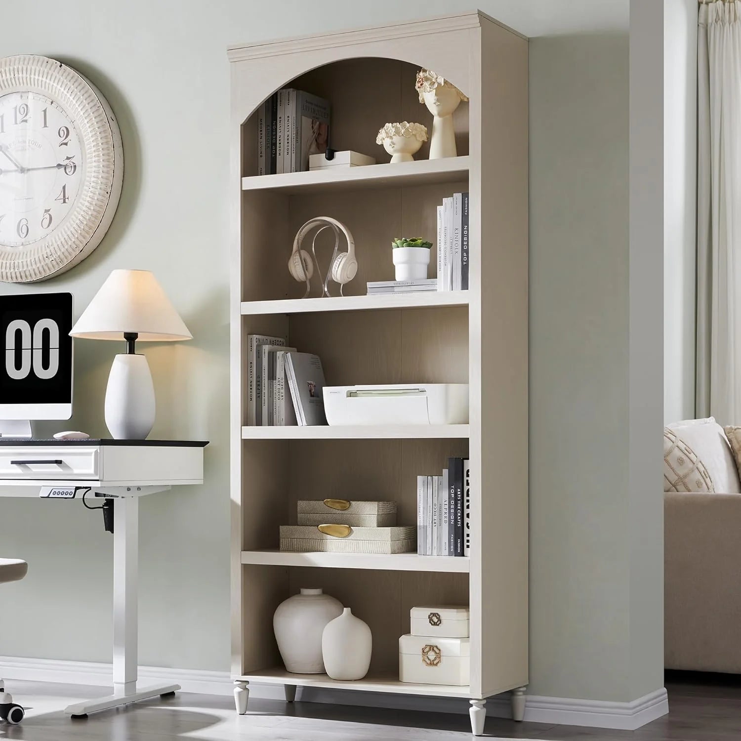 IFGET 76" Tall Arched Bookcase Farmhouse 5 Tiers Large Arched Bookshelf Cabinet Adjustable Shelves