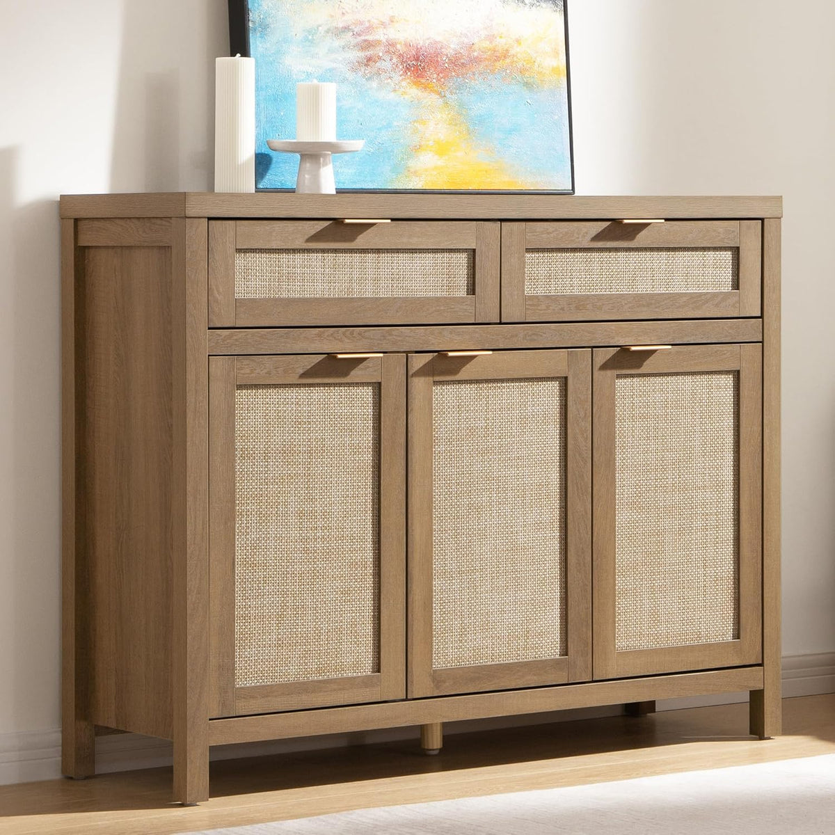 SICOTAS Rattan Sideboard Buffet Cabinet with Storage Boho Credenza Accent Cabinet with 3 Doors