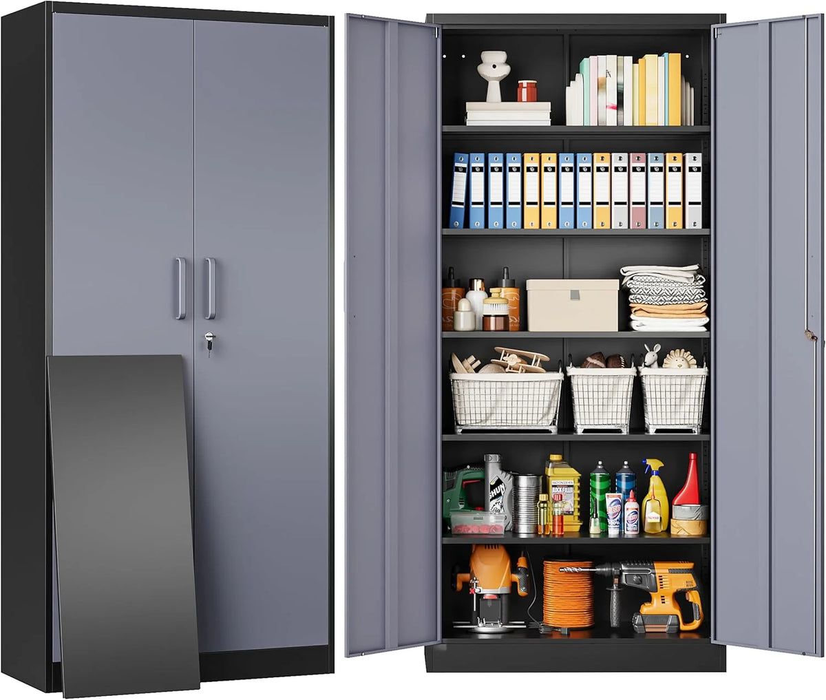 Metal Storage Cabinet with 2 Doors and 6 Shelves,Black Metal Cabinet with Lock,71" Lockable Garage Storage Cabinets,Locking File Cabinet,Steel Tool Cabinets for Home,Office,Garage,Shop,School