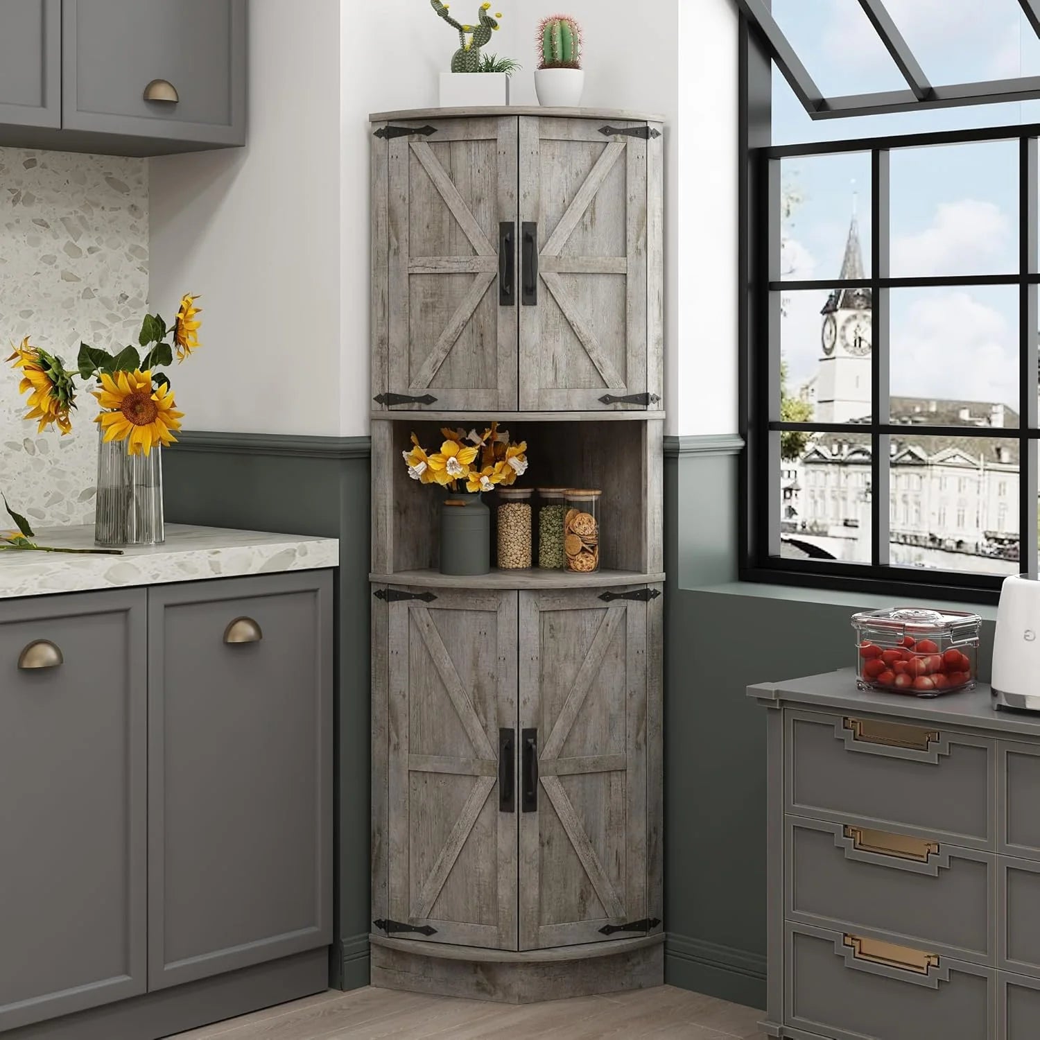Vabches 64.8" Tall Farmhouse Corner Cabinet Farmhouse Storage Cabinet with Barn Door Design