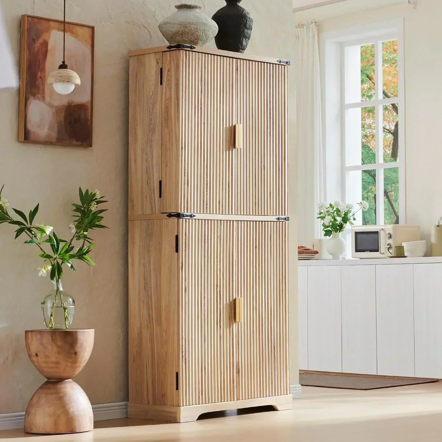 Fluted Pantry Cabinet 72" Tall Modern Storage Cabinet with 4 Doors Organizer Drawer