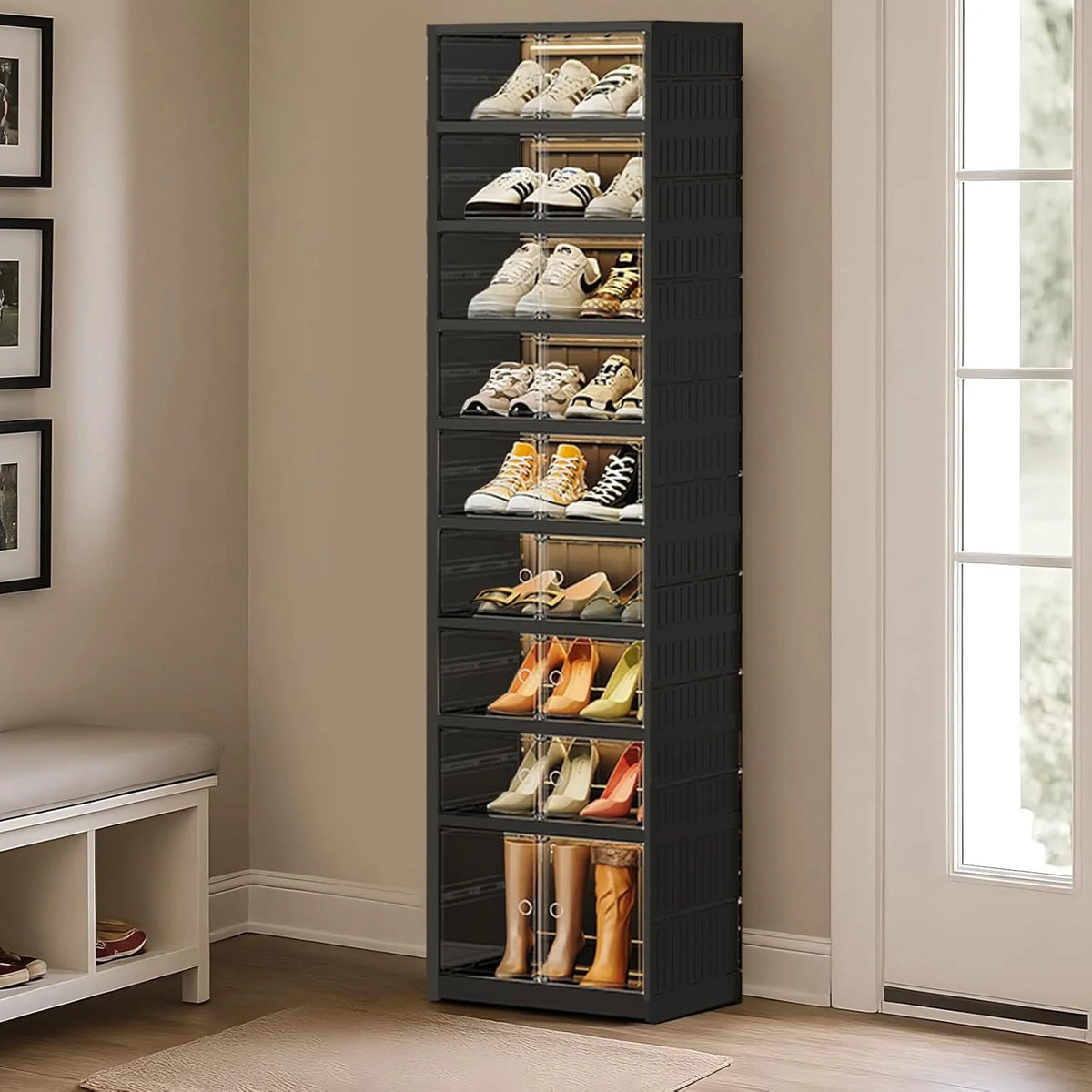 Collapsible Shoe Rack Organizer 9 Tiers-36 Pairs Foldable Shoe Cabinet with Doors
