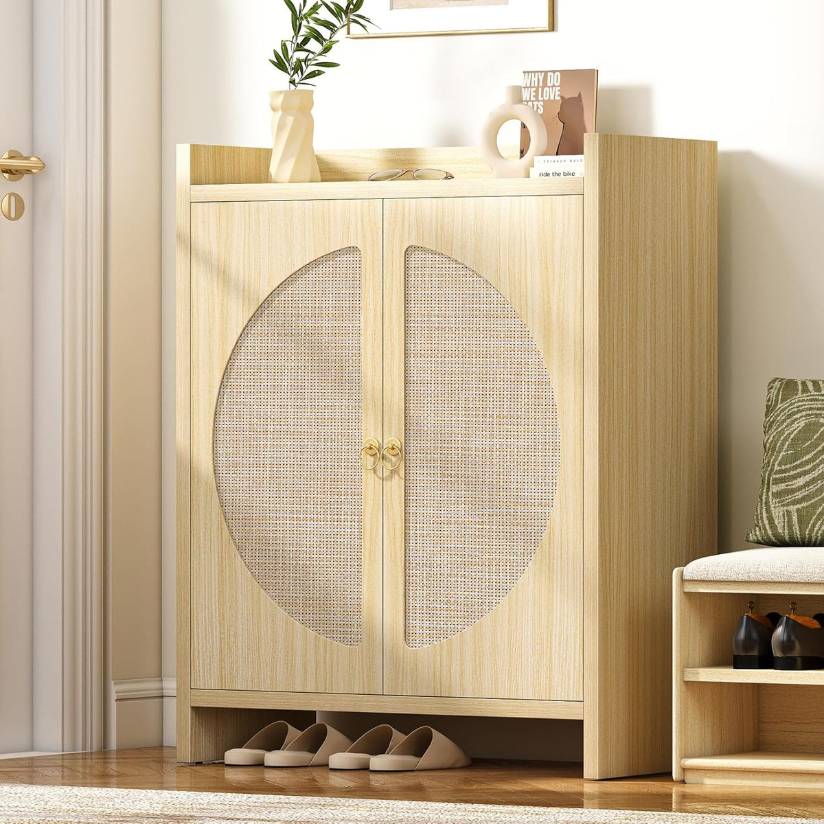 Shoe Cabinet Storage for Entryway - Rattan Entry Way Shoe Storage Cabinet