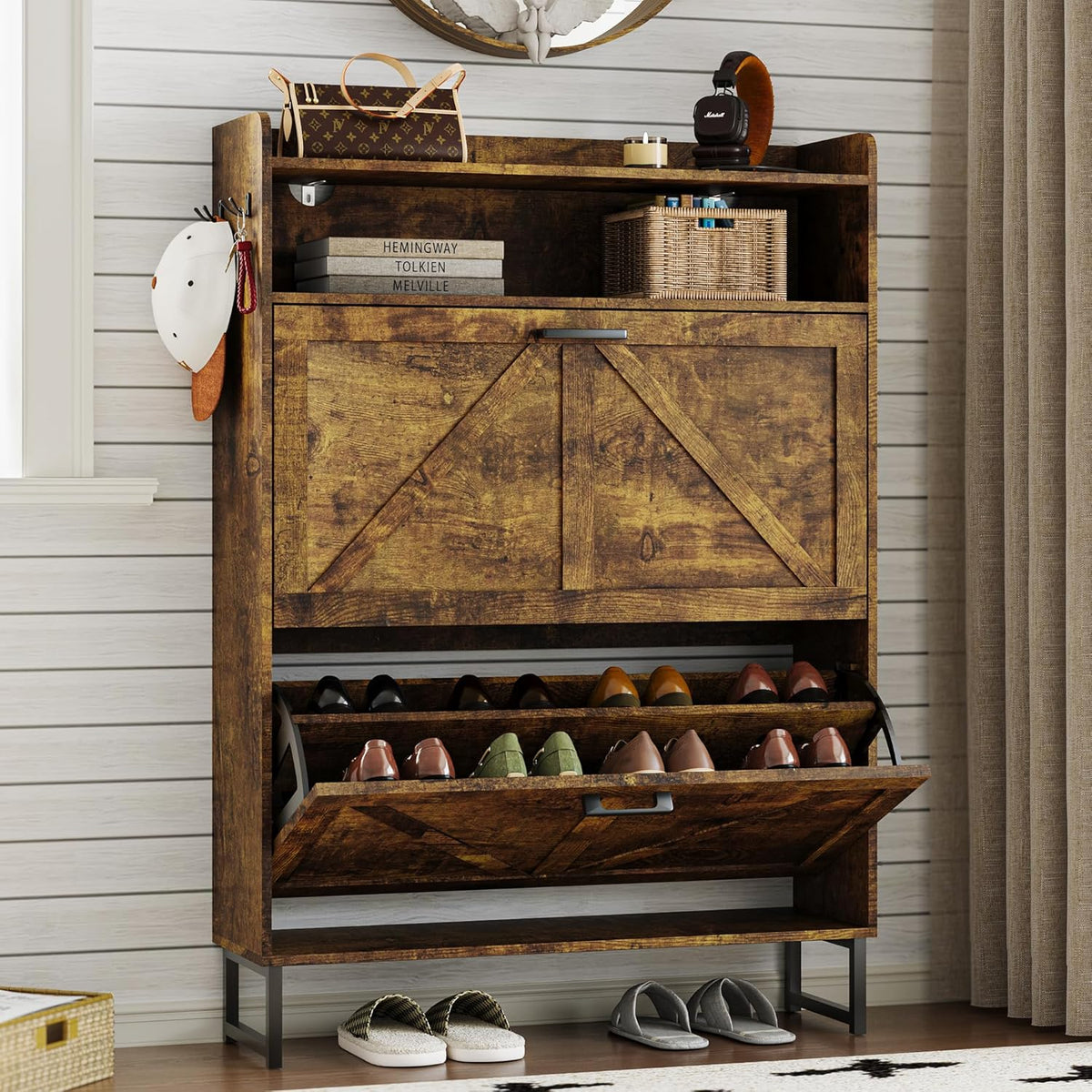 Shoe Cabinet with 2 Flip Drawers Narrow Shoe Storage Cabinet Organizer Wooden Freestanding Rack