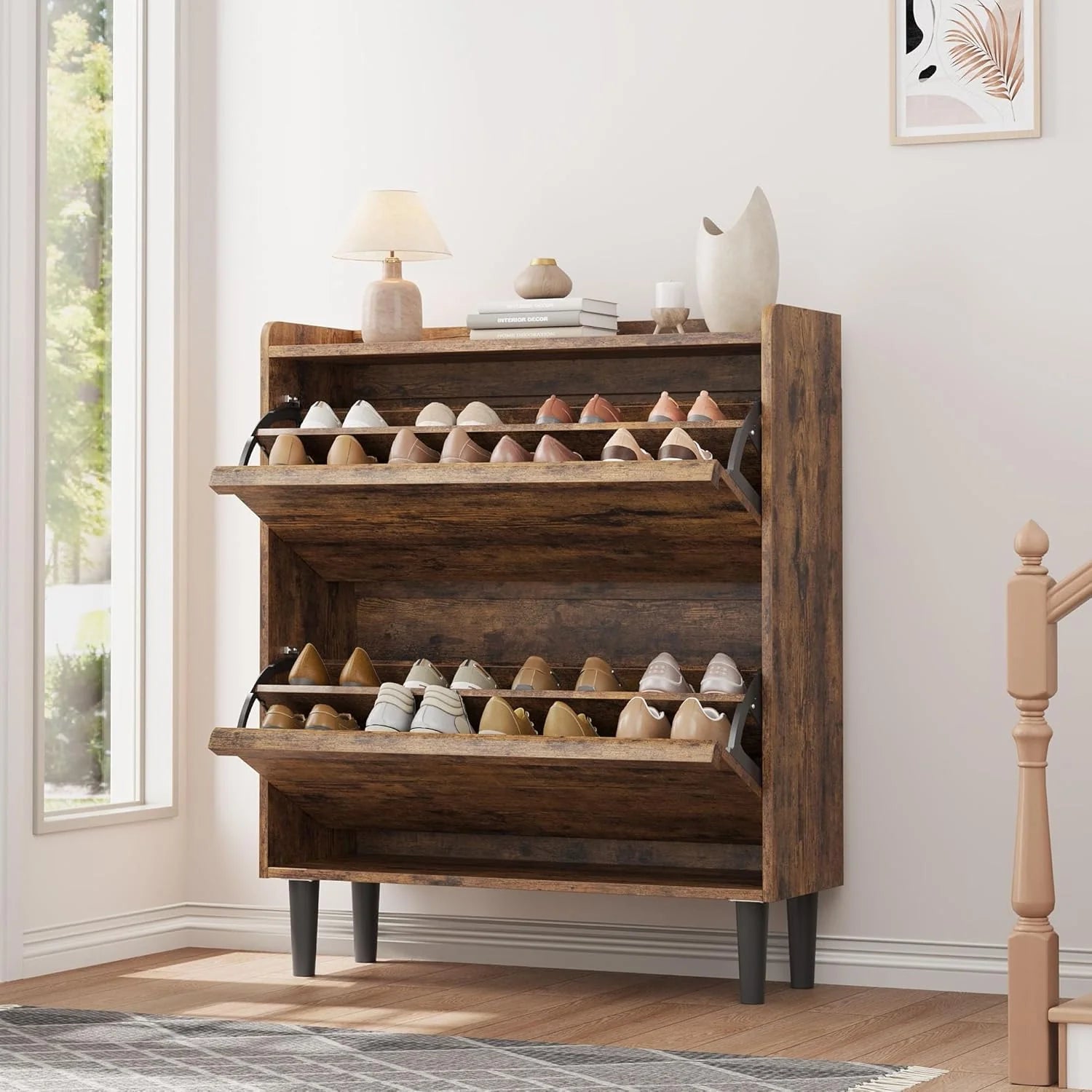 GarveeHome Shoe Cabinet with 3 Flip Drawers Wooden Shoe Organizer Cabinet Shoe Storage Hidden