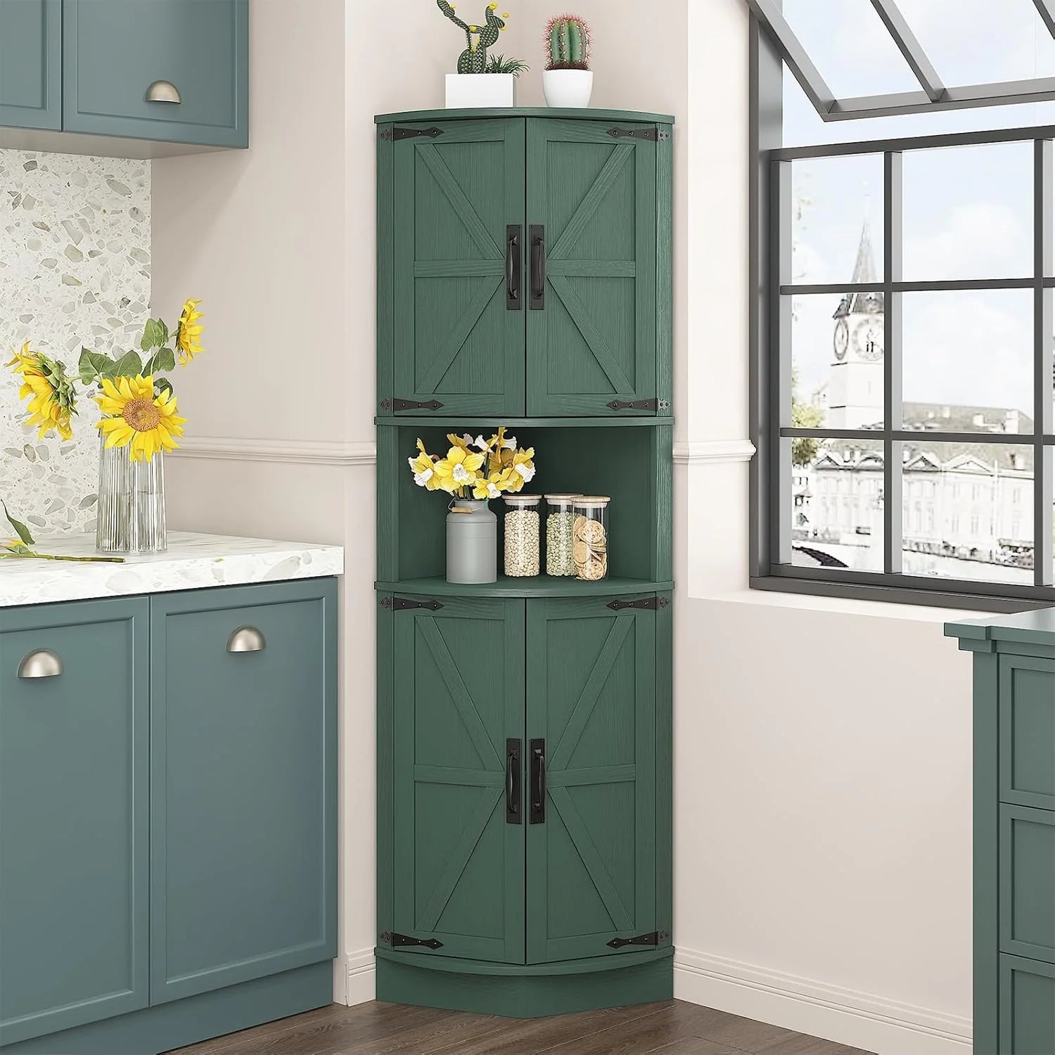 Vabches 64.8" Tall Farmhouse Corner Cabinet Farmhouse Storage Cabinet with Barn Door Design